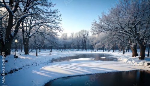 Snowy park landscape with frozen trees.