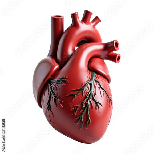 Detailed 3D rendering of a realistic human heart with visible arteries and veins, isolated on white background, for medical, educational, or healthcare visuals