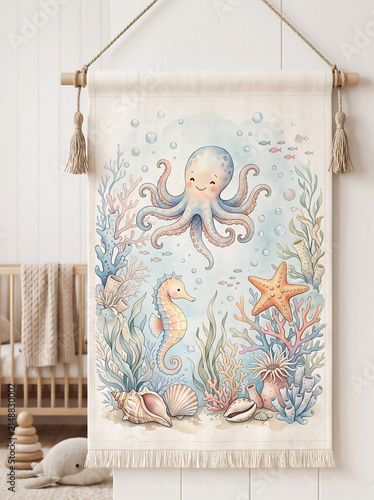 Cute watercolor marine life wall hanging in a nursery room.