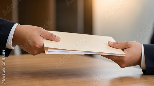 Professional Business Person Handing Over Manila Document Folder to Colleague in Office Setting