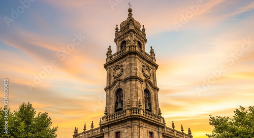 Ornate stone bell tower against a vibrant sunset sky