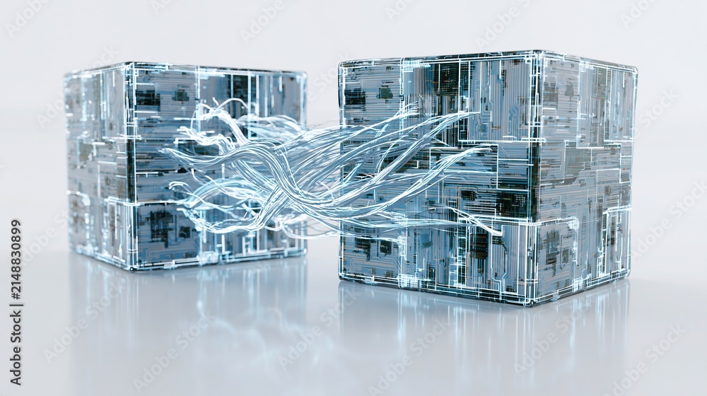 Fototapeta premium Abstract digital connection between two glowing translucent cubes with circuitry and energy tendrils