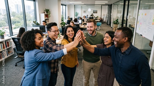 Diverse group of colleagues celebrating success with high fives in a modern office environment