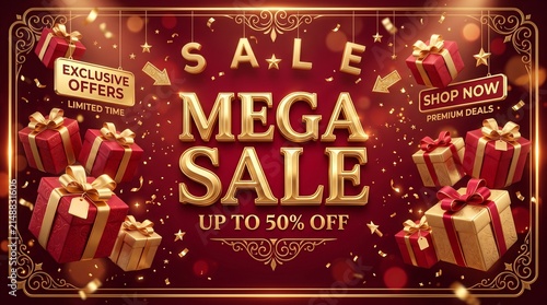 Elegant Luxury Mega Sale Banner with Red Gift Boxes and Golden Decorations