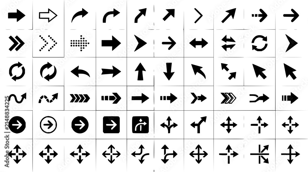 Obraz premium Black and white arrow icons grid set with directional symbols featuring up, down, left, right arrows with geometric shapes and minimalist style