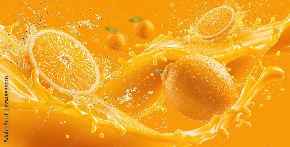 Fototapeta premium Vibrant Orange Splash with Slices and Whole Fruit in Refreshing Juice