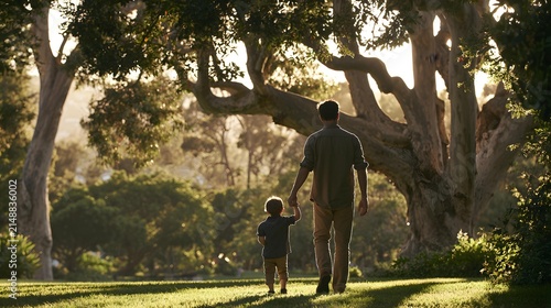 Father and son walking holding hands on grassy path backlit by golden sun through trees