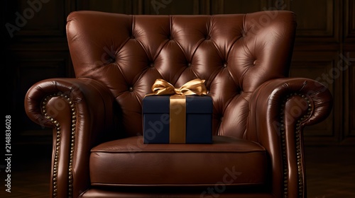Gift box with gold ribbon resting on elegant brown leather armchair in dark luxurious setting