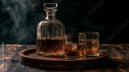 Whiskey decanter and two glasses with ice on dark wooden table with elegant smoke