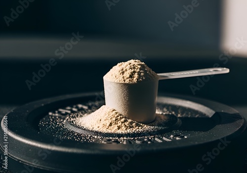 Protein Powder Scoop on Dark Surface for Fitness and Nutrition.