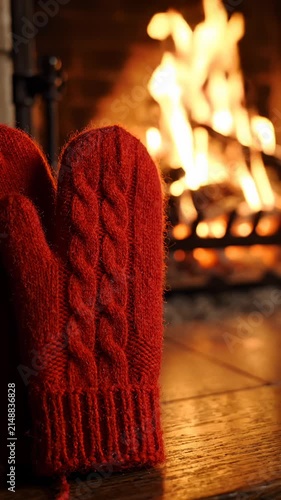Red Knitted Mittens Resting Near a Warm Cozy Fireplace During Winter