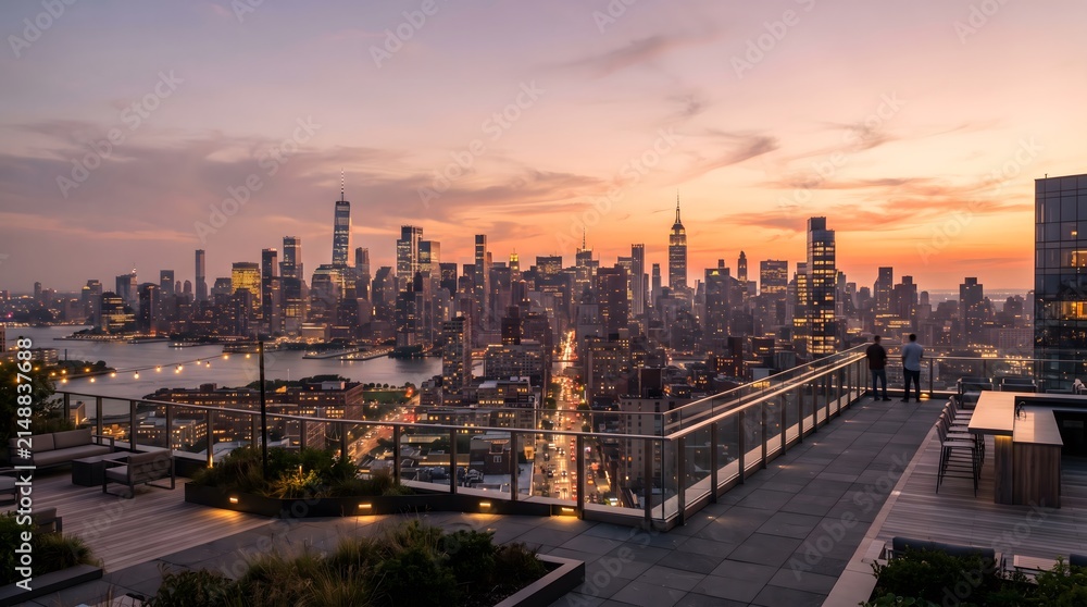 Fototapeta premium Panoramic view of a modern city skyline at sunset from a rooftop
