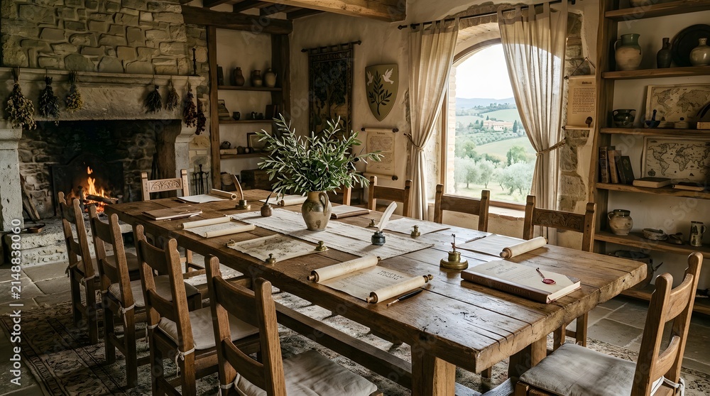 Fototapeta premium Medieval rustic dining hall interior with a long wooden table and fireplace