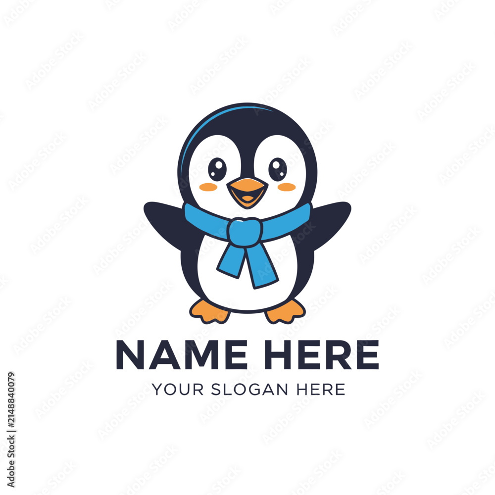 Fototapeta premium Cute Penguin Cartoon Character with Blue Scarf, Isolated