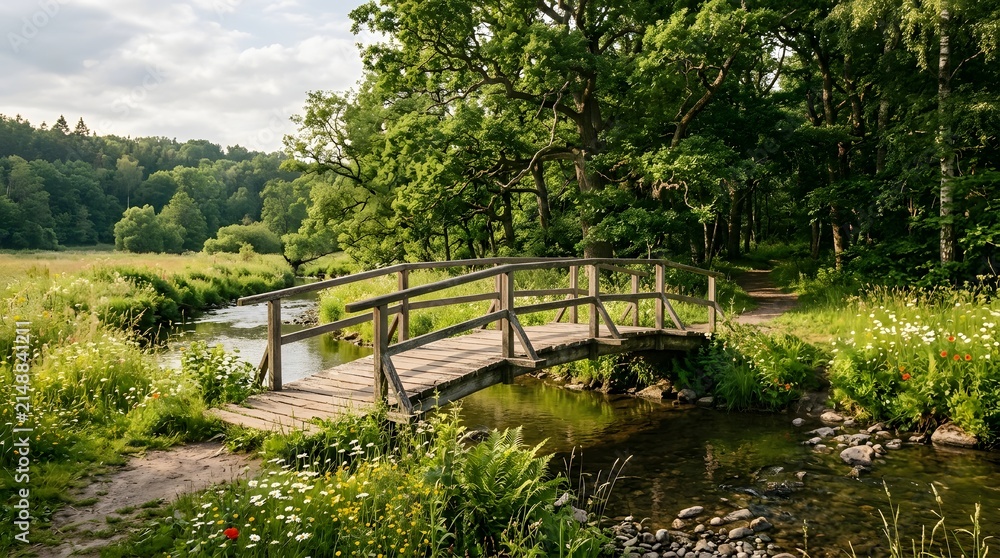 Fototapeta premium Wooden bridge over a calm stream in a green forest landscape