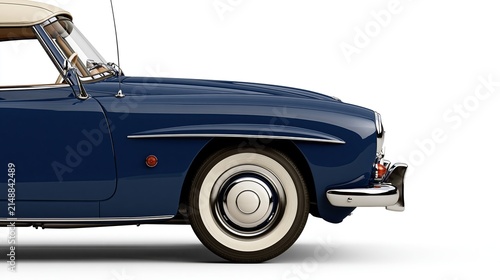 Classic vintage deep blue open top convertible luxury car with whitewall tire shown from side view on pure white background shows timeless retro automotive design
