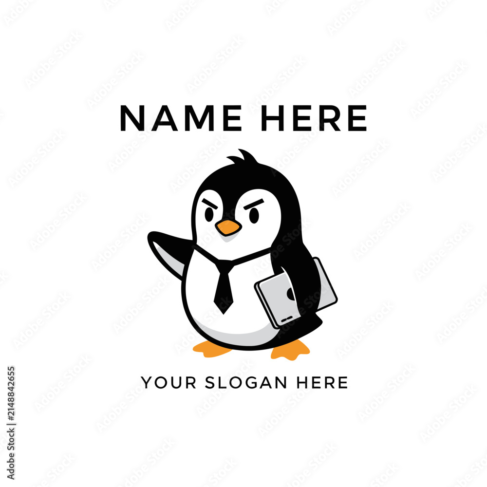 Fototapeta premium Business Penguin Mascot with Tablet, Tie, and Briefcase - Isolated