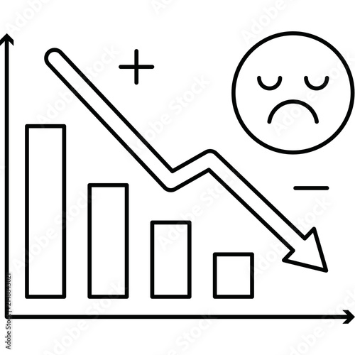 Bild auf Leinwand Minimalist black line vector illustration of a falling bar chart and downward arrow paired with a sad face emoji on a clean white background representing economic loss