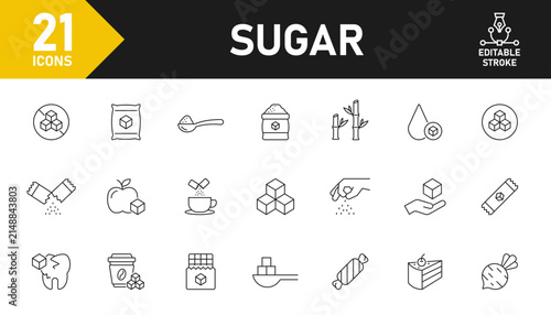 Sugar line icon set. Set of 21 outline icons related to sugar, sweet, cane, sugar free and others. Editable stroke. Vector illustration.