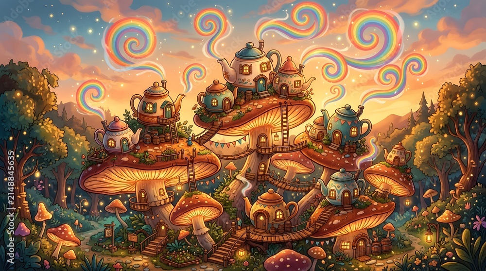 Obraz premium Whimsical Mushroom Village with Colorful Houses and Spirals in Sunset