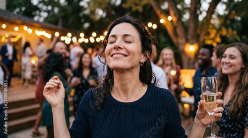 Woman enjoying a festive outdoor party with friends and sparkling wine