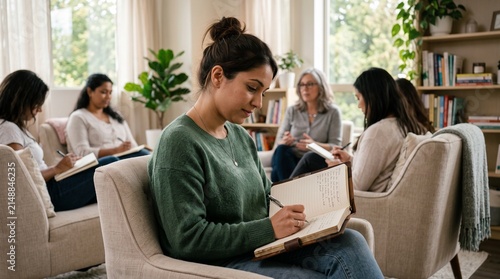 Diverse group of women in therapy session taking notes and listening attentively to facilitator