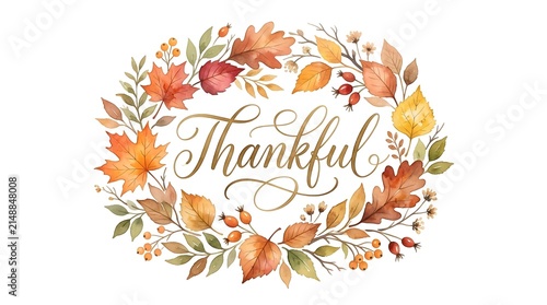 Vibrant watercolor autumn wreath with colorful fall leaves, berries, and elegant 'Thankful' calligraphy, perfect for seasonal gratitude and Thanksgiving celebrations
