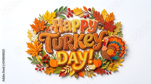Happy Turkey Day text craft illustration with autumn leaves and cute turkey for thanksgiving holiday celebration banner