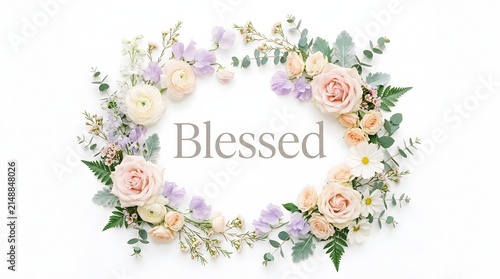 Elegant floral wreath with the word 'Blessed' in soft pastel colors, symbolizing peace and gratitude