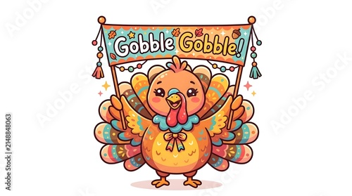 Charming and colorful Thanksgiving cartoon turkey holding a Gobble Gobble banner with festive patterns