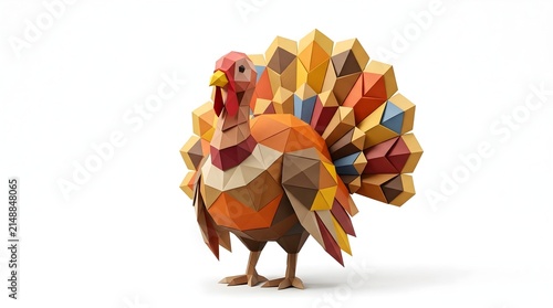 Vibrant low poly turkey illustration with a spectrum of colorful geometric feather patterns set against a clean white background, symbolizing autumn celebrations
