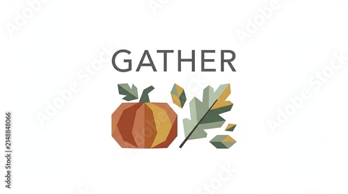 Geometric Autumn Pumpkin and Fall Leaves Illustration with Gather Text for Seasonal Harvest Celebration