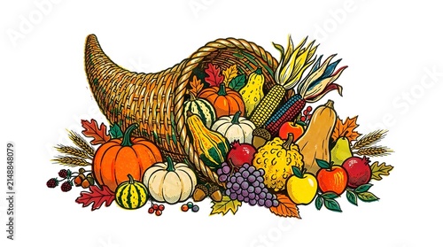 A colorful hand-drawn cornucopia filled with harvest fruits, pumpkins, and autumn vegetables