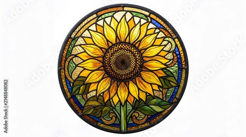 Circular Stained Glass Window Panel Featuring a Vibrant Yellow Sunflower with Green Leaves and Blue Background