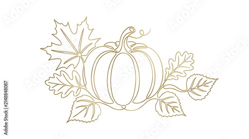Elegant Golden Outline of a Pumpkin Surrounded by Autumn Leaves, Perfect for Fall Decorations and Thanksgiving Designs