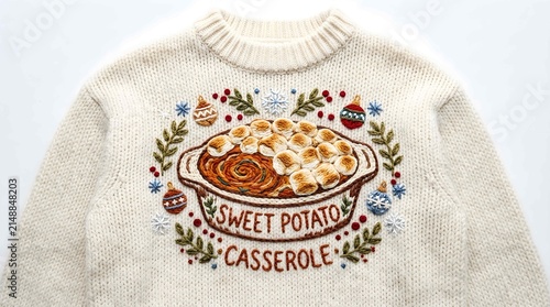 Cozy Cream Knit Sweater Featuring a Delicious Embroidered Sweet Potato Casserole Dish with Festive Garnish