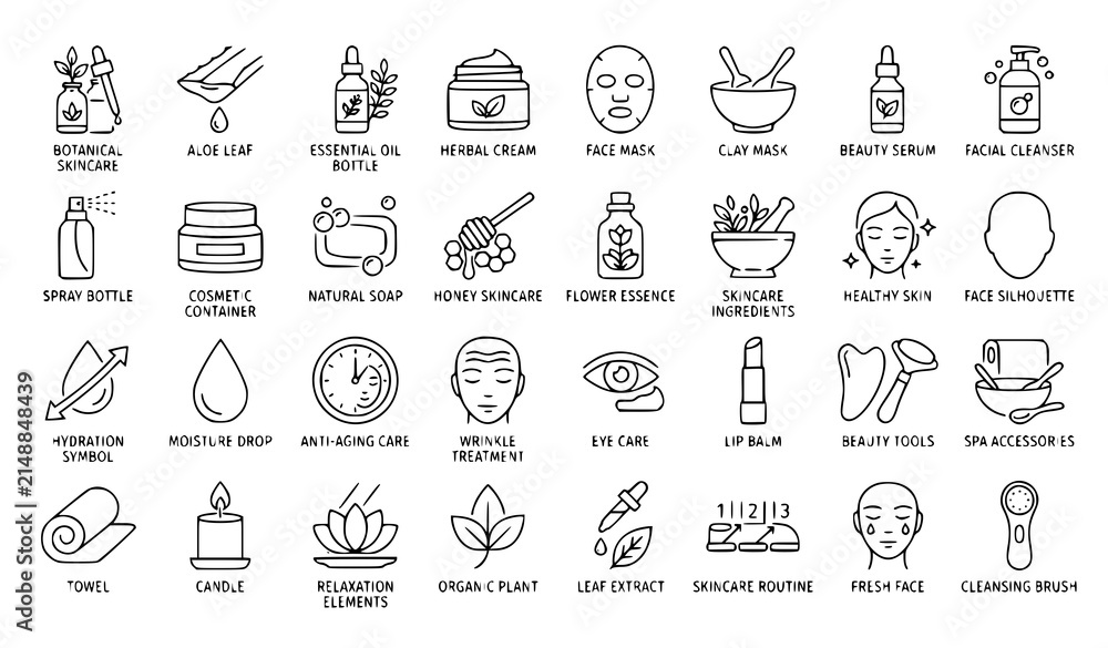 Fototapeta premium Natural Skincare Products and Facial Treatment Line Icons Collection
