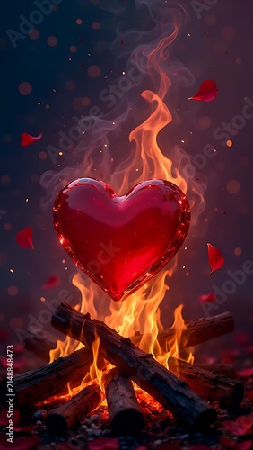 Intense fire burning in dark smoky atmosphere with bright flames.