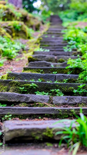 Serene garden path with blooming flowers and stone steps.