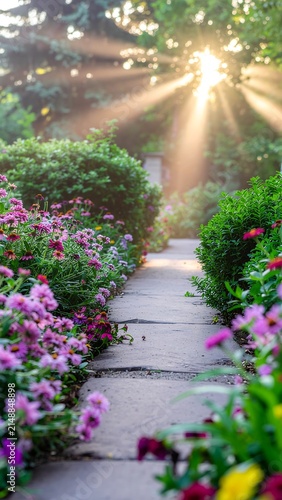 Serene garden pathway bordered by blooming flowers and trees.