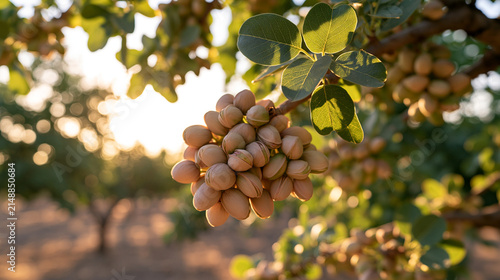 Ripe Pistachio Clusters Growing on Tree Branch in Golden Sunlight