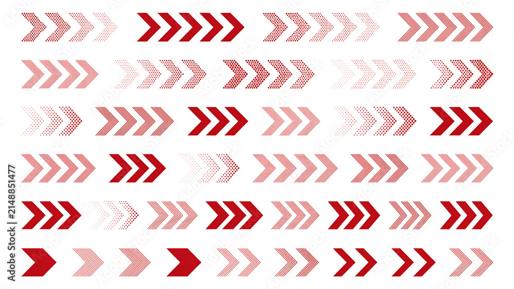 Obraz premium Collection of red decorative chevron directional arrows with direction navigation indicator pointing abstract collection wayfinding business