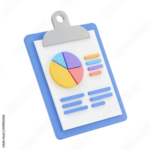 3D Clipboard Icon With Pie Chart. Fintech Marketing Business Report Data Analysis Symbol. Financial Growth Strategy Infographic Illustration , isolated on Transparent