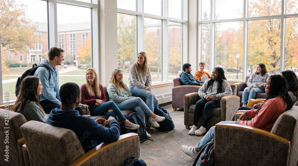 Obraz premium Diverse college students with backpacks relax and talk in a dormitory common room on an autumn back-to-school evening