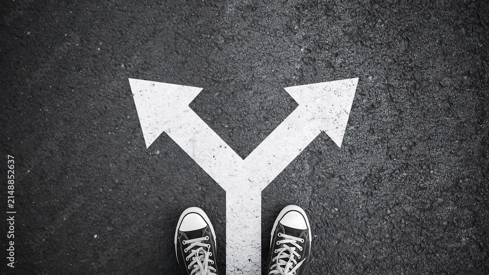 Fototapeta premium Person standing at a y-shaped path fork in the road choosing a direction with direction decision sneakers standing perspective crossroads motivation adventure opportunity strategy