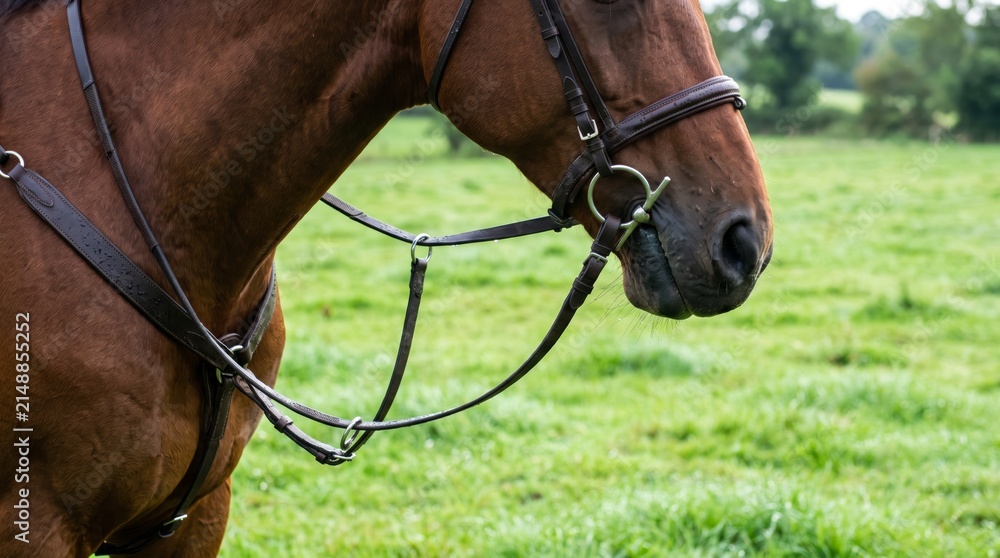 Naklejka premium Close-up of a brown horse with a bridle in a green pasture. The horse has a strong build and a calm demeanor, surrounded by lush grass and trees in the background.
