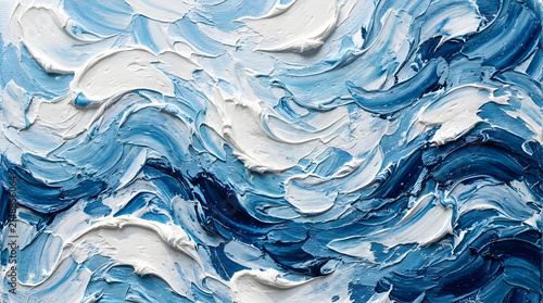 Impasto oil painting of blue ocean waves with white foam blue tones water texture surf texture
