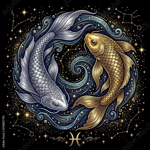 Pisces Zodiac Two Koi Fish Swimming in Opposite Directions Illustration