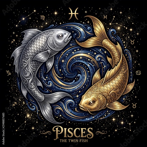 Pisces Zodiac Two Koi Fish Swimming in Opposite Directions Illustration