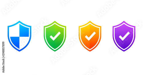 Security shield icon set, protective shield symbols with padlock and check mark, vector illustration for cybersecurity protection, data safety branding, and digital security interface design.